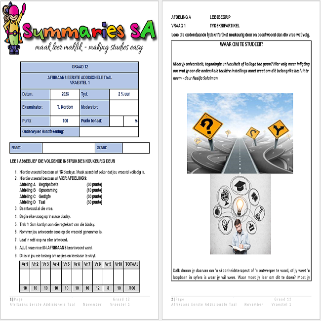 Grade 12 Afrikaans EAT November Paper 1 and MEMO - 2023