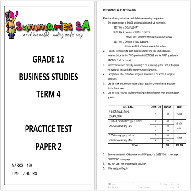 Grade 12 Business Studies (BS) November Paper 2 and Memo 2023