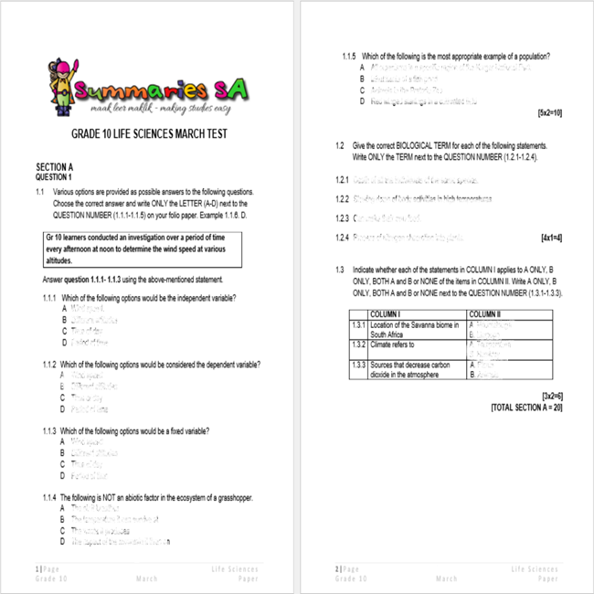 Grade 10 Life Sciences LS March Paper And Memo 2024 Classroom101