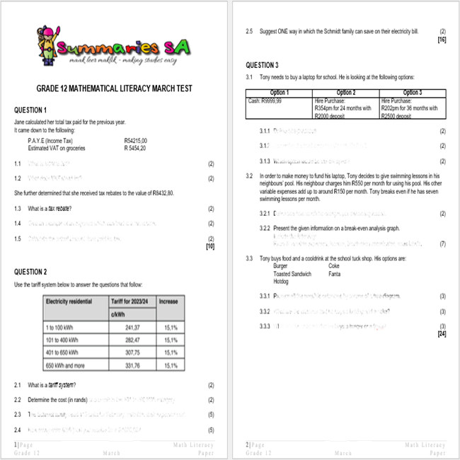 Grade 12 Mathematical Literacy MATH LIT March Paper And Memo 2024   Grade 12 Mathematical Literacy March Paper Preview 1 