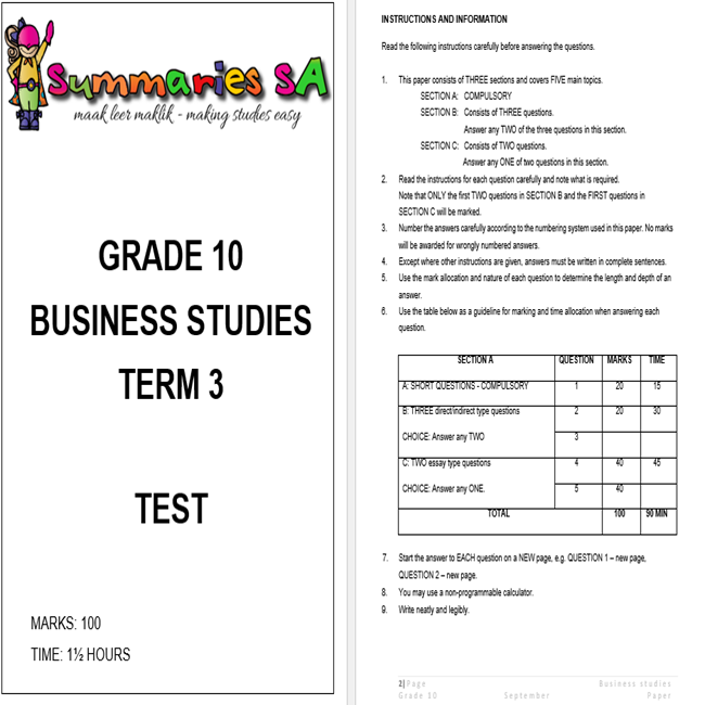 business studies grade 10 essay questions