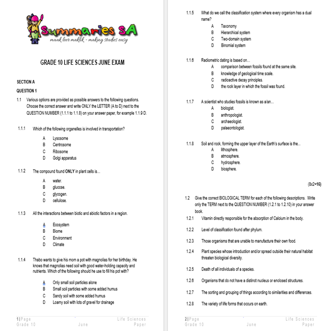 Grade 10 Life Sciences June Paper