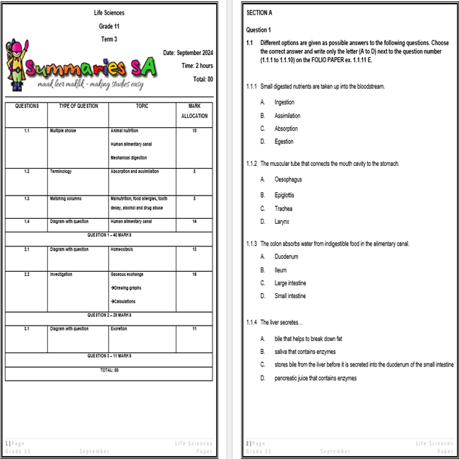 Grade 11 Life Sciences September Paper