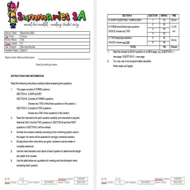 Grade 11 Business Studies (BS) November Test Paper 2 and Memo - 2024 - Image 2