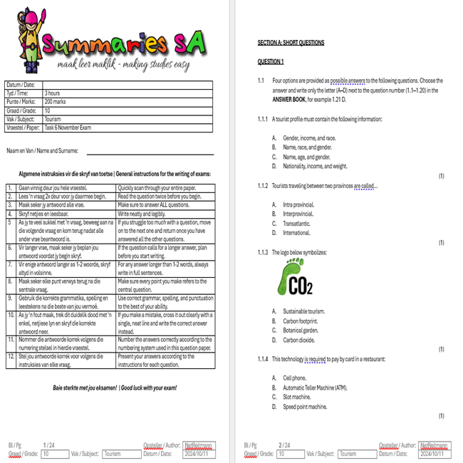 Grade 10 Tourism (TOUR) November Paper and Memo - 2024 - Image 2