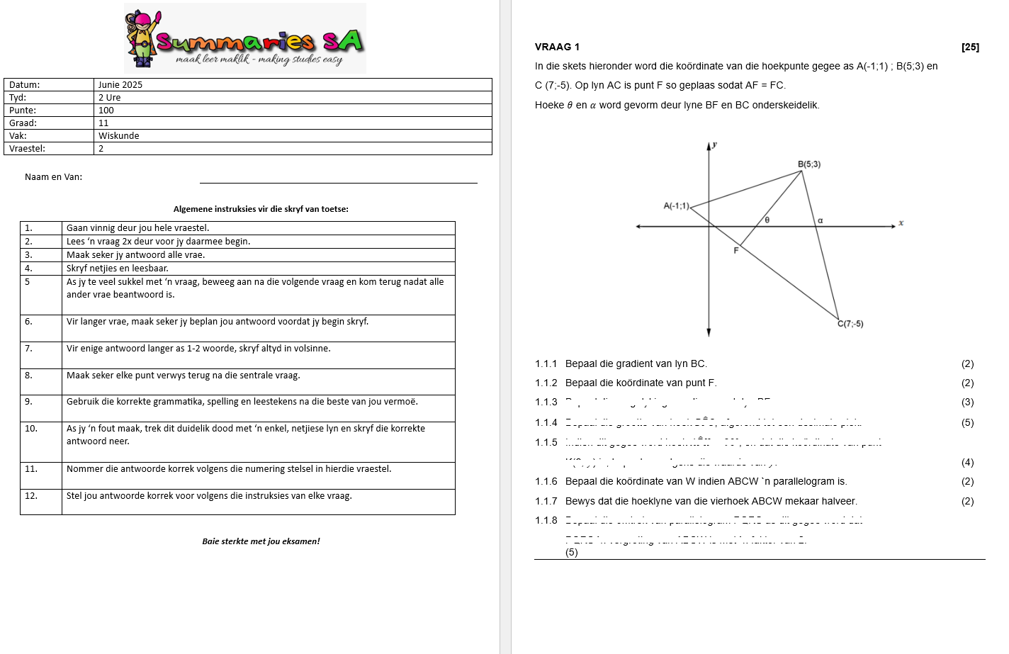 Graad 11 Wiskunde (WISK) Junie Vraestel 2 en Memo - 2025 - Image 2