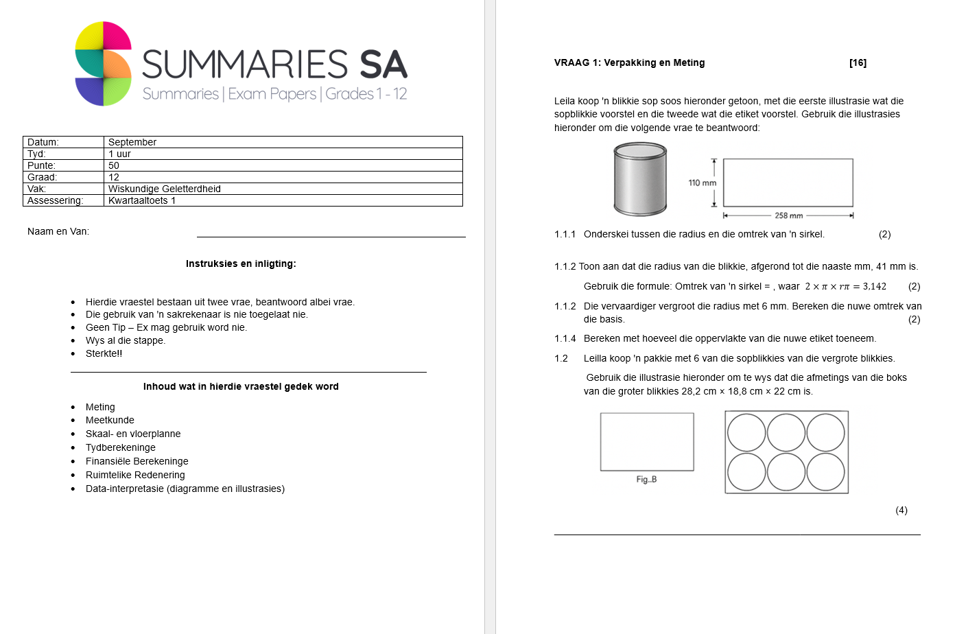 Graad 12 Wiskunde Geletterdheid (WISK GEL) Kwartaal 3 Formele Toets en Memo - 2025 - Image 2