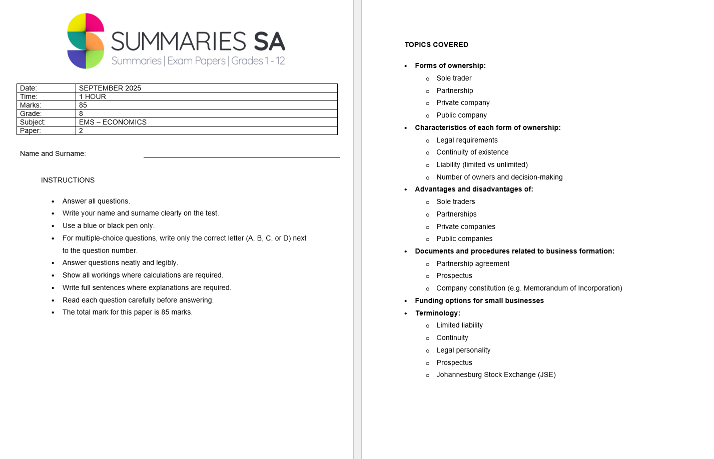 Grade 8 EMS (Economics) September Test paper 2 and Memo - 2025 - Image 2