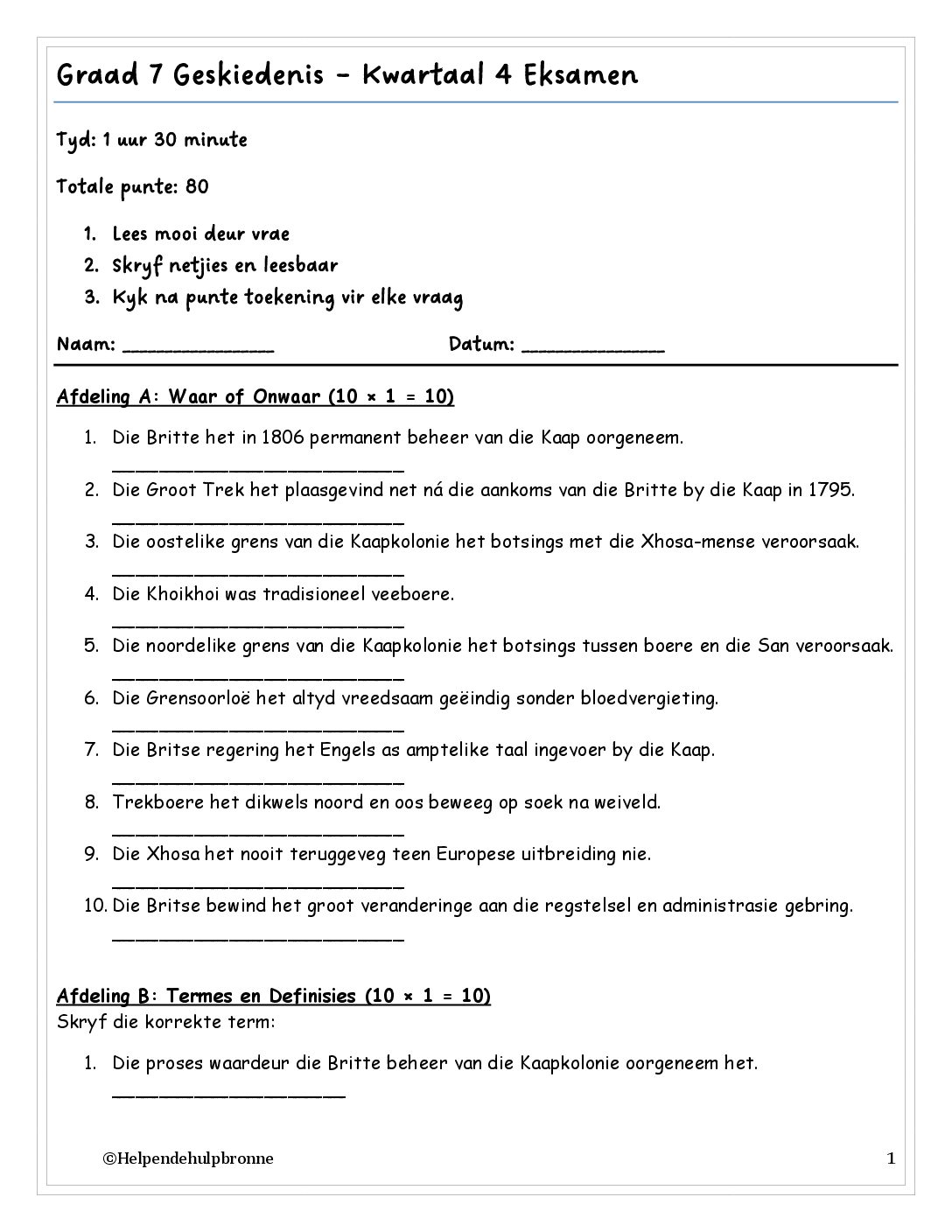 Geskiedenis Graad 7 Kwartaal 4 Eksamen en Memo - Image 2