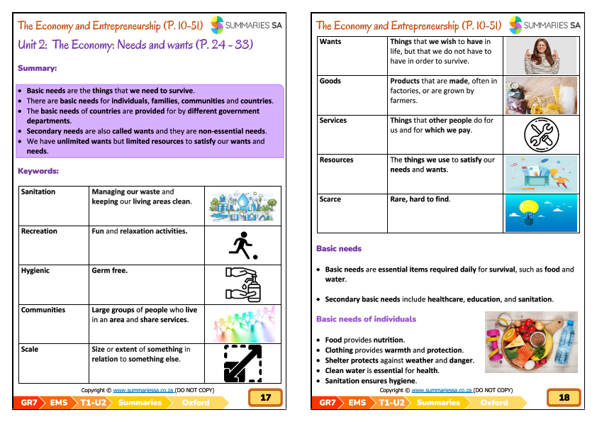 Grade 7 EMS The Economy: Needs and wants notes